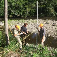 Three habitat surveyors take measurements in a stream