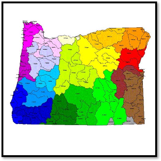 A map of Oregon with rainbow colors